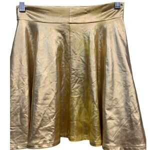 Shiny Metallic wet look flared mini Skater skirt Gold SZ XS‎